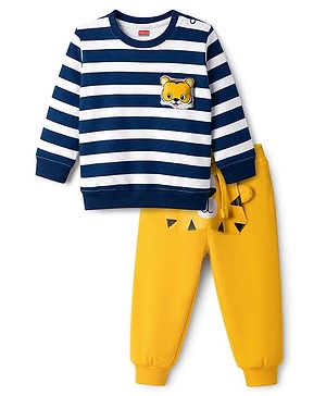 Babyhug Single Jersey Knit Full Sleeves Striped T-Shirt & Lounge Pant Set With Tiger Applique - Navy Blue & Yellow