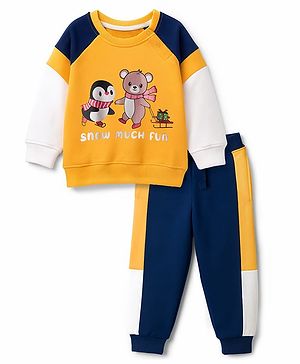 Babyhug Single Jersey Knit Full Raglan Sleeves T-Shirt & Lounge Pant Set With Animal Print - Yellow & Navy Blue
