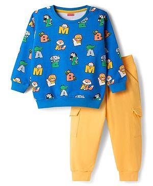 Babyhug Terry Knit Full Sleeves Alphabet Printed T-Shirt & Lounge Pant Set - Yellow & Blue