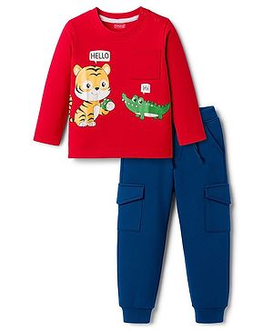 Babyhug Single Jersey Knit Full Sleeves T-Shirt & Lounge Pant Set With Animal Print - Red & Blue