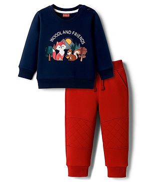 Babyhug Terry Knit Full Sleeves T-Shirt & Lounge Pant Set With Animal Print - Navy Blue & Maroon