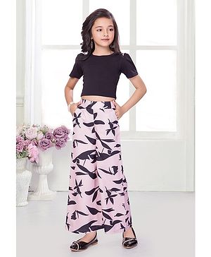 Ministitch Cotton Silk Woven Half Sleeves Abstract Printed Top and Pant Set- Black