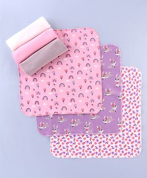 Babyhug 100% Interlock Cotton Single Layer Wash Cloth Rabbit, Rainbow and Floral Print Pack of 6 - Multicolor| High Absorbency| Feeding & Diapering| Bath & Face Towel| Soft & Skin Friendly