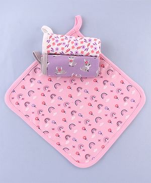 Babyhug 100% Interlock Cotton Double Layer Wash Cloth Rabbit, Rainbow and Floral Print Pack of 3 - Multicolor| High Absorbency| Feeding & Diapering| Bath & Face Towel| Soft & Skin Friendly