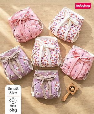 Babyhug Leak Proof Cloth Langot Pack of 6 Small Size Rabbit Rainbow and Floral Print | Triple Layer Protection | Reusable | Designed for Short Term Comfy Wear | Mess Free - Lilac