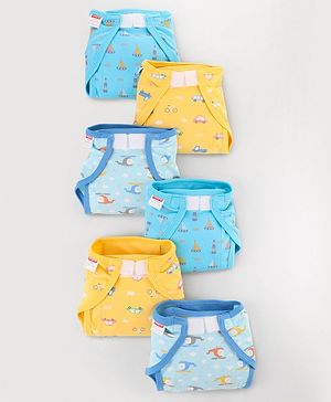 Babyhug 100% Interlock Cotton Reusable Printed Cloth Nappies with Velcro Closure Pack of 6 Helicopter, Boat & Car Print  Small Size| Machine Washable| Soft & Skin Friendly