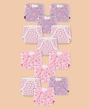 Babyhug 100% Interlock Cotton Reusable Printed Cloth Nappies with Velcro Closure Pack of 12 Rabbit, Rainbow and Flower Print  Small Size| Machine Washable| Soft & Skin Friendly
