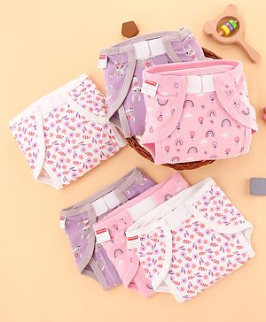 Babyhug 100% Interlock Cotton Reusable Printed Cloth Nappies with Velcro Closure Pack of 6 Rabbit, Rainbow and Flower Print  Medium Size| Machine Washable| Soft & Skin Friendly