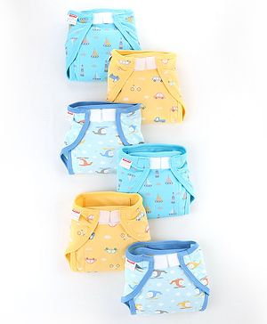 Babyhug 100% Interlock Cotton Reusable Printed Cloth Nappies with Velcro Closure Pack of 6 Helicopter, Boat & Car Print  Medium Size| Machine Washable| Soft & Skin Friendly