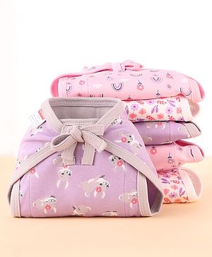 Babyhug 100% Interlock Cotton Double Layer Nappy Rabbit, Rainbow and Flower Print Pack of 6 - Extra Small Size| Machine Washable| Soft & Skin Friendly| Tie Knot Style