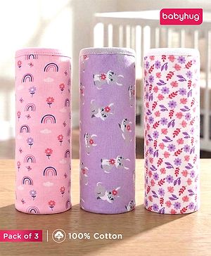 Babyhug 100% Interlock Cotton Wrapper with Rabbit Rainbow and Floral Print| Soft & Breathable| Comfortable Warm and Soothing| Travel Friendly| New Born Gifting  Pack of 3  - Purple Pink & White