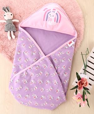 Babyhug 100 % Interlock Cotton Single Ply Double Layer Hooded Wrapper Rabbit Print| Adjustable Design| Soft Breathable| All Season| Machine washable| New Born Gifting for Boys & Girls  Purple
