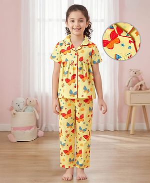 Pine Kids Single Jersey Knit Half Sleeves Co-ords Night Suit With Butterfly Print - Yellow