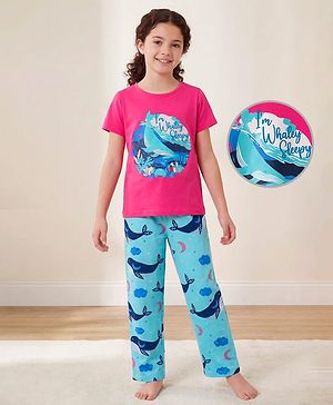 Pine Kids Single Jersey Knit Half Sleeves Night Suit With Whale Print - Blue & Dark Pink