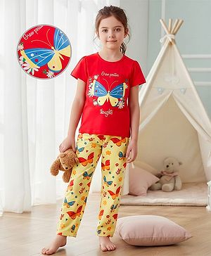 Pine Kids Single Jersey Knit Half Sleeves Night Suit With Butterfly Print - Red & Lime