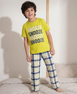 Pine Kids Single Jersey Knit Half Sleeves Night Suit With Text Print - Green & Blue