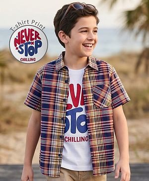 Pine Kids Cotton Woven Half Sleeves Shirt With Printed T-Shirt - Multicolour
