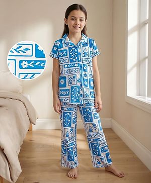Pine Kids Single Jersey Knit Half Sleeves Co-ords Night Suit With Floral Print - White & Blue