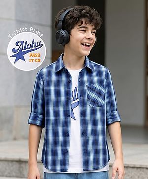 Pine Kids Cotton Woven Half Sleeves Checks Shirt With Printed T-Shirt - Blue