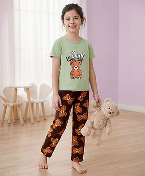 Pine Kids Single Jersey Knit Half Sleeves Night Suit With Animal Print - Green