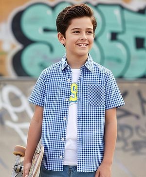 Pine Kids Cotton Woven Half Sleeves Checks Shirt With Printed T-Shirt - Navy Blue