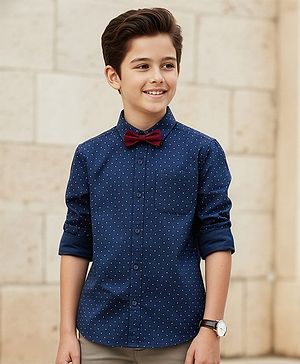 Pine Kids Cotton Woven Full Sleeves Party Shirt With Polka Dot Print & Bow - Navy Blue