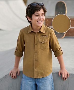 Pine Kids Cotton Woven Full Sleeves Shirt With Text Print - Yellow