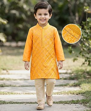 Babyhug Woven Full Sleeves Kurta Pajama Set With Textured Design - Mustard