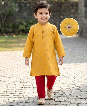 Babyhug Woven Full Sleeves Kurta Pajama Set With Floral Embriodery - Mustard