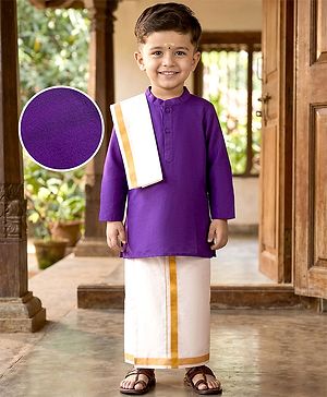 Babyhug Woven Full Sleeves Kurta Mundu  With Dupatta Set - Purple