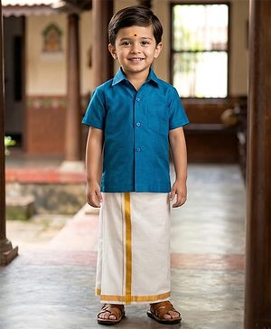 Babyhug Woven Half Sleeves Kurta Mundu Set - Blue