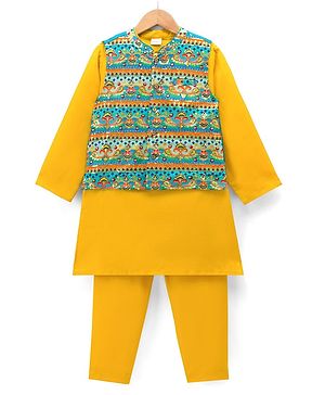 Babyhug Woven Full Sleeves Kurta Pyjama Set With Printed Nehru Jacket - Orange