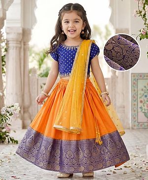 Babyhug Brocade Woven Half Sleeves Choli Lehenga Set With Foil Print & Dupatta - Navy Blue & Yellow