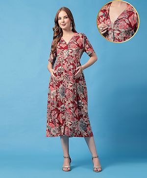 Zelena Rayon Woven Half Sleeves Floral Printed Maternity Dress With Front Open Nursing Access - Multi Colour