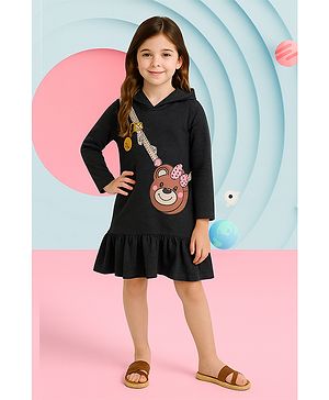 Little Marine Cotton Blend  Knit Full Sleeves Bear Printed  Hooded Dress - Charcoal Black