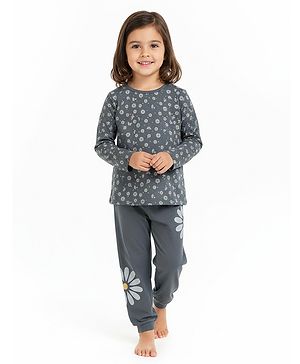 Pranava Organic Cotton Knit Full Sleeves  Floral Printed  Night Suit Set - Grey