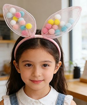 Babyhug Hair Bands Free Size Bunny Ear Applique with Colorful Pom Poms  - Light Pink