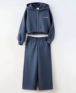 ALAN JONES Cotton Blend Knit Full
                              Sleeves Solid Winter Hooded Sweatjacket
                              & Flared Pants Set - Blue