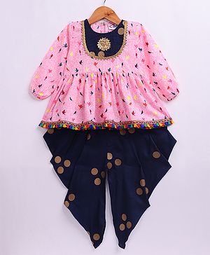 M'andy Rayon Woven Full Sleeves Birds Printed & Sequins Embellished Kurti & Dhoti Set - Pink