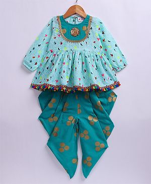 M'andy Rayon Woven Full Sleeves Birds Printed & Sequins Embellished Kurti & Dhoti Set - Green