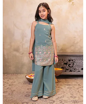 AJ Dezines Georgette Woven Sleeveless Floral Embroidered & Sequins Embellished Kurti Palazzo With Dupatta Set - Green
