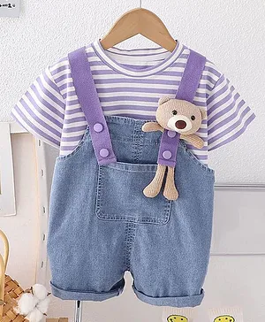 POP STREET KIDS Cotton Knit Teddy
                              Bear Applique Detailed Dungaree With Half
                              Sleeves Striped Tee - Purple