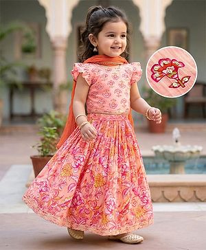 Babyhug Cotton Woven Half Sleeves Choli Lehenga & Dupatta Set With Floral Print - Peach