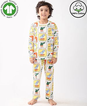 Anthrilo 100% Cotton Knit Full Sleeves Crocodile Printed Coordinating Night Suit Set - White