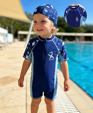 Mark & Mia Half Raglan Sleeves
                              Legged Swimsuit With Space Theme Print
                              & Cap - Blue