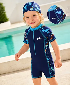 Mark & Mia Half Raglan Sleeves
                              Legged Swimsuit With Dino Print & Cap
                              - Navy Blue