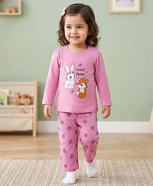 Babyhug Cotton Knit Full Sleeves Night Suit With Animal Print - Light Pink