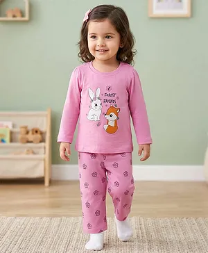 Babyhug Cotton Knit Full Sleeves
                              Night Suit With Animal Print - Light Pink