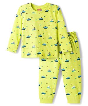 Babyhug Cotton Knit Full Sleeves Co-ords Night Suit with Nautical Theme Print - Neon Green