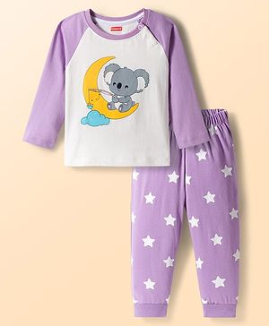 Babyhug  Cotton Knit Full Raglan Sleeves Night Suit With Animal Print - Lavender